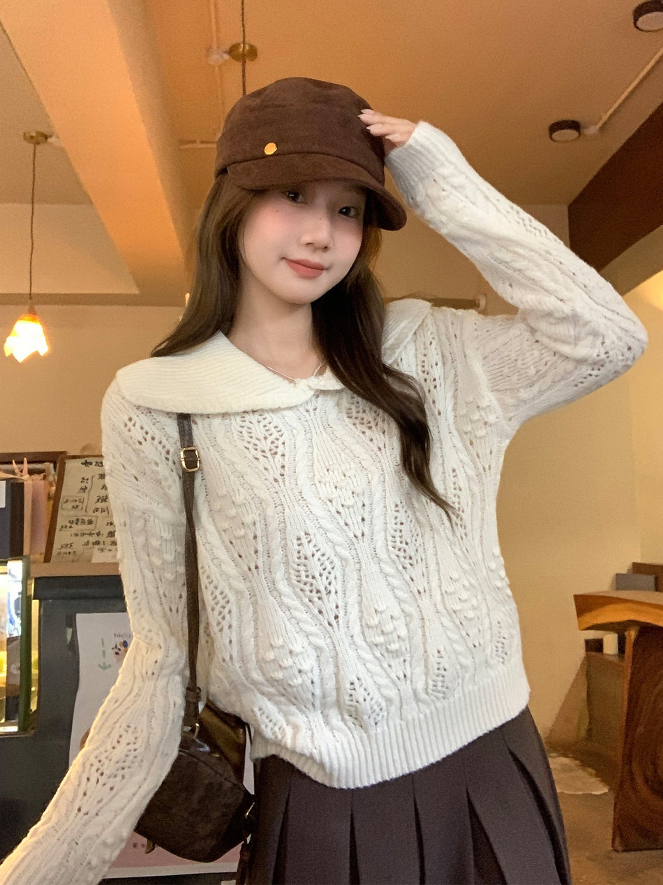 Off White Lapel Hollow Out Knit Sweater Coat Women