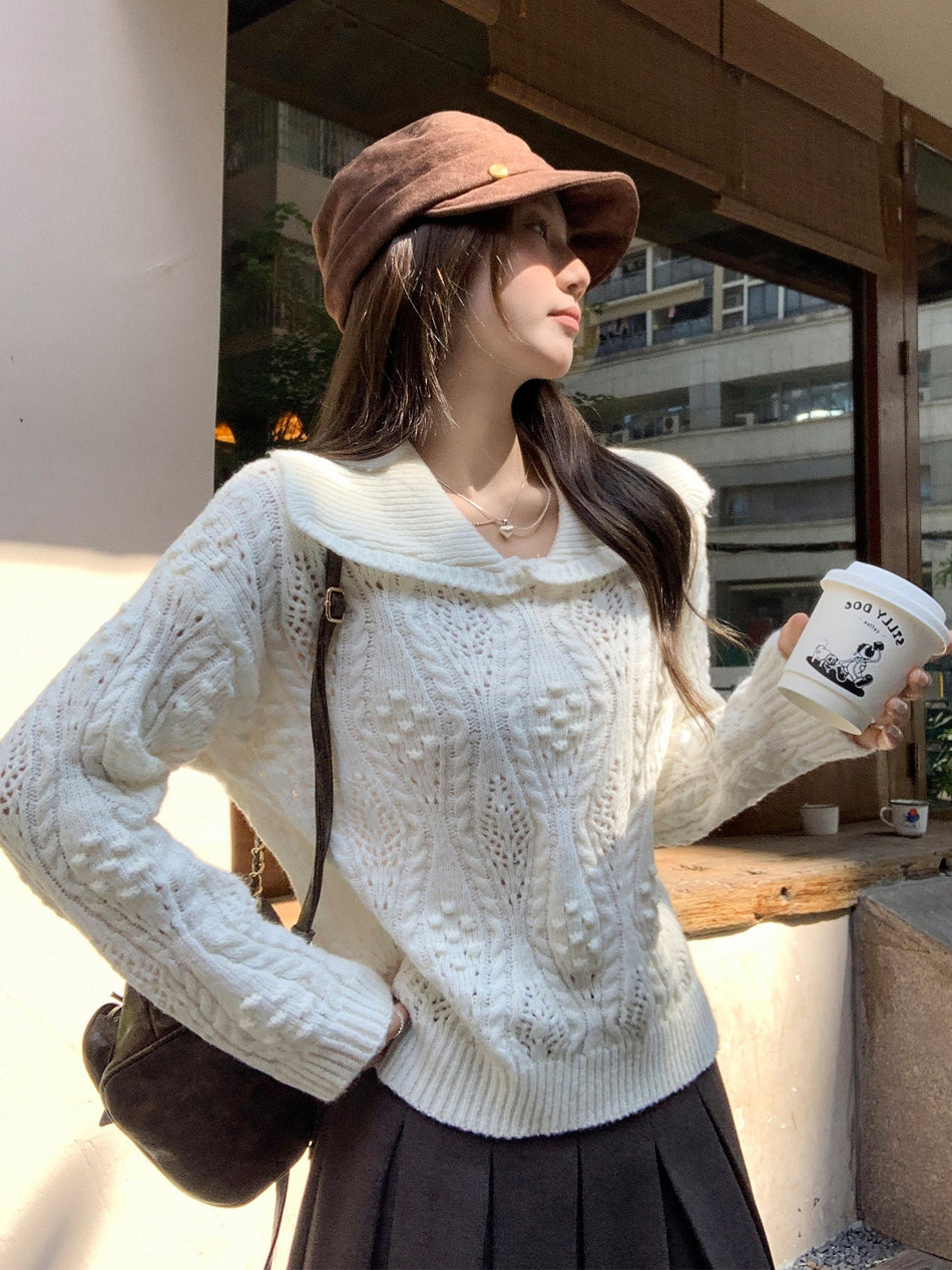 Off White Lapel Hollow Out Knit Sweater Coat Women