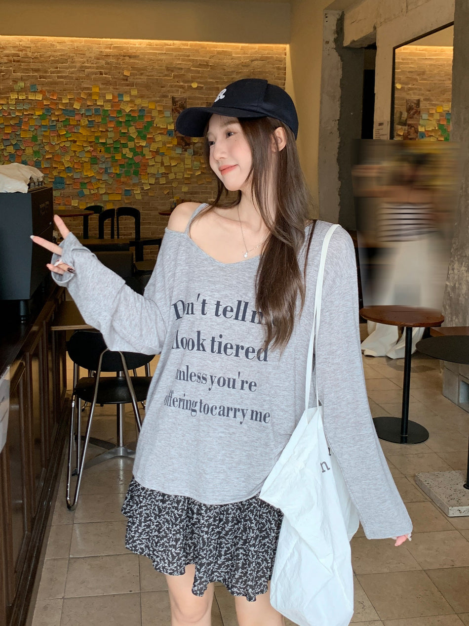 Korean Gray One Shoulder V Neck Letter Print Top Women