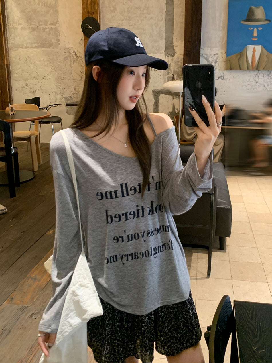 Korean Gray One Shoulder V Neck Letter Print Top Women