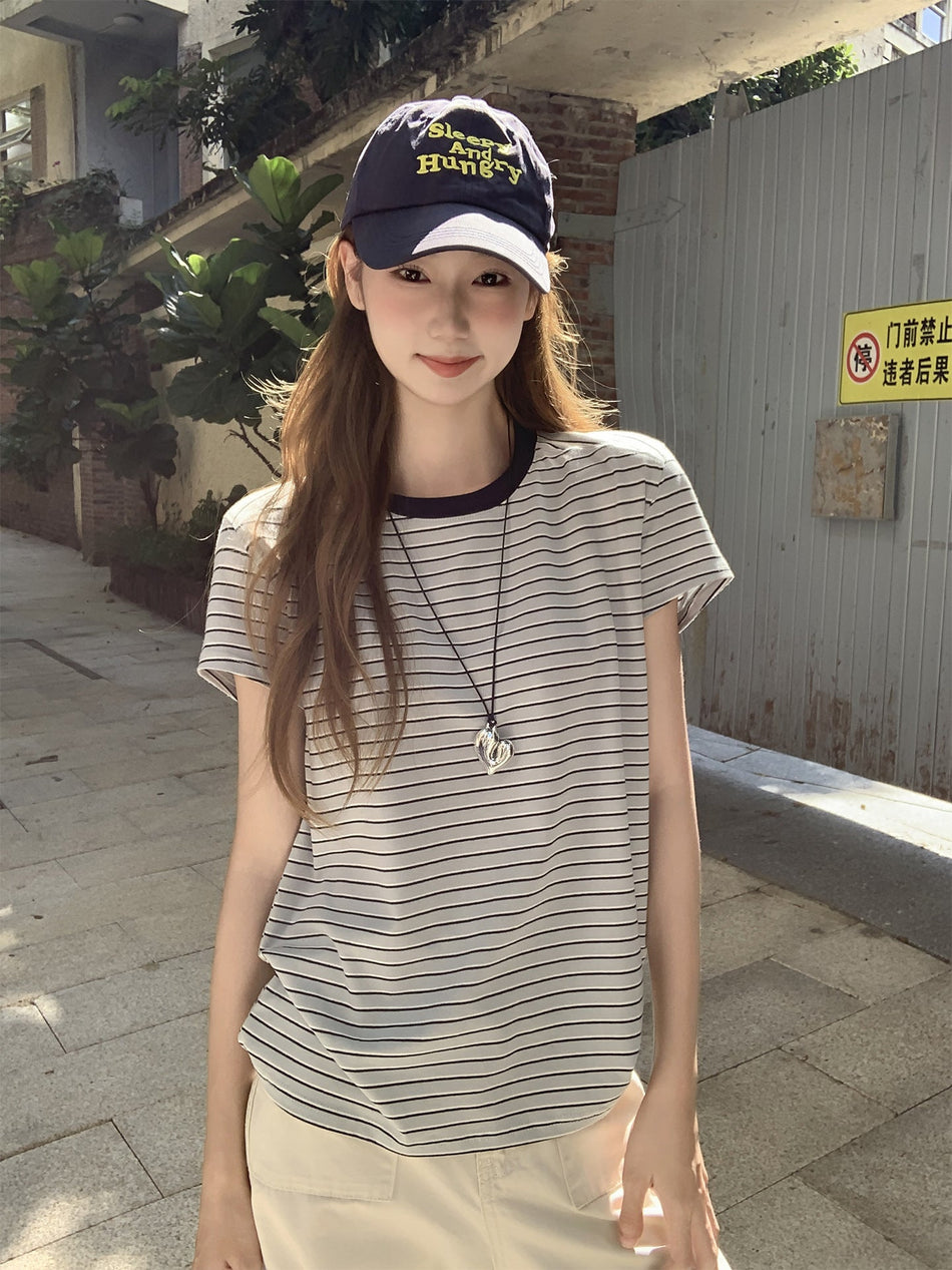 Korean Striped Contrast Round Neck T-Shirt Women Summer