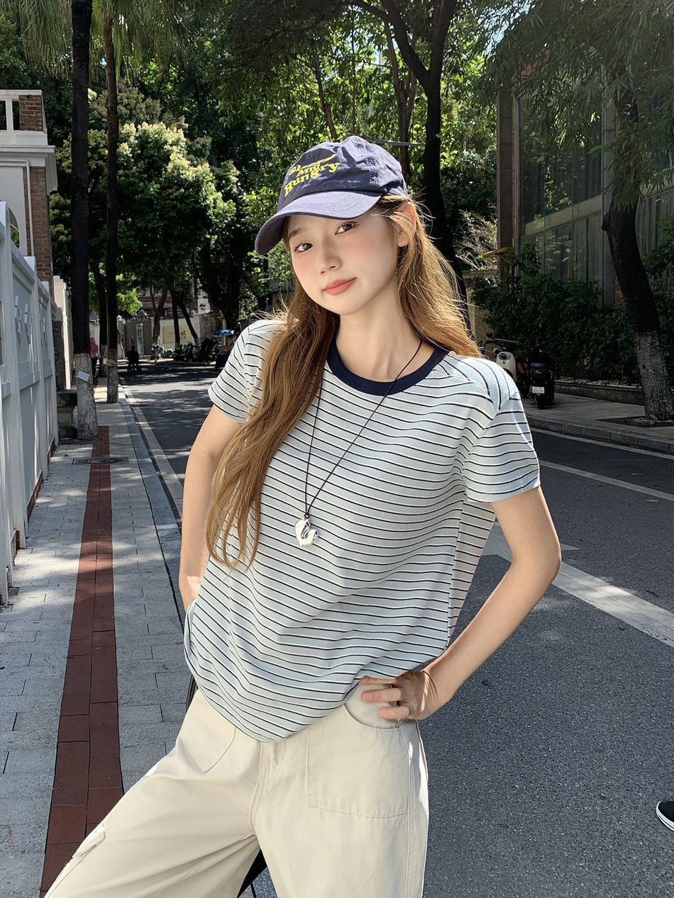 Korean Striped Contrast Round Neck T-Shirt Women Summer