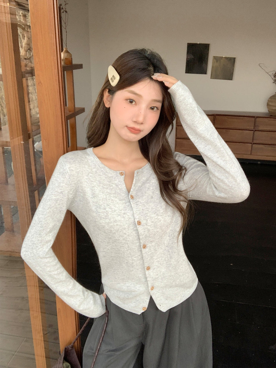 Tweed Style Round Neck Knit Cardigan Women Jacket