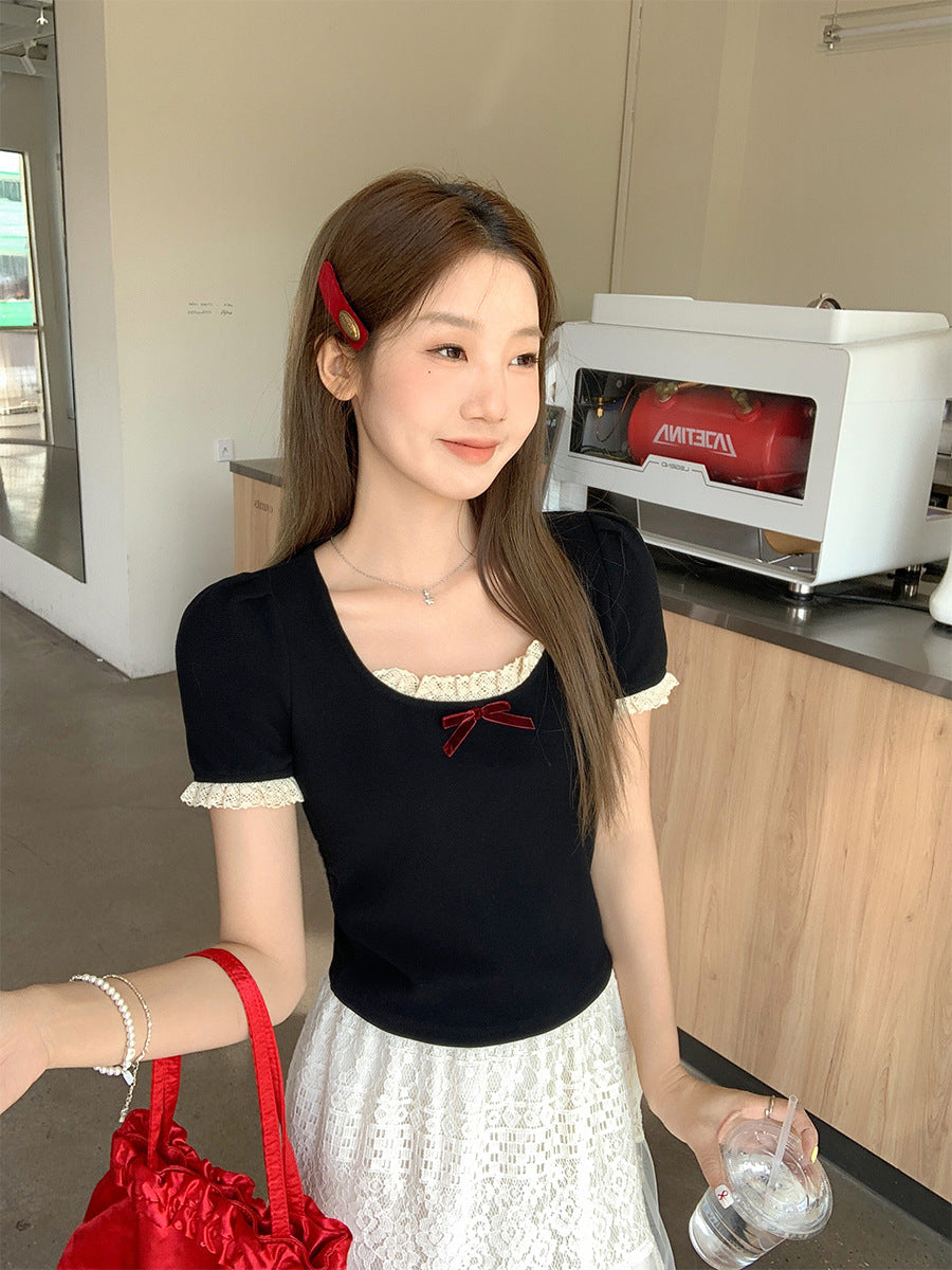Korean Bow Tie Lace Splicing Slim T-Shirt Women Summer