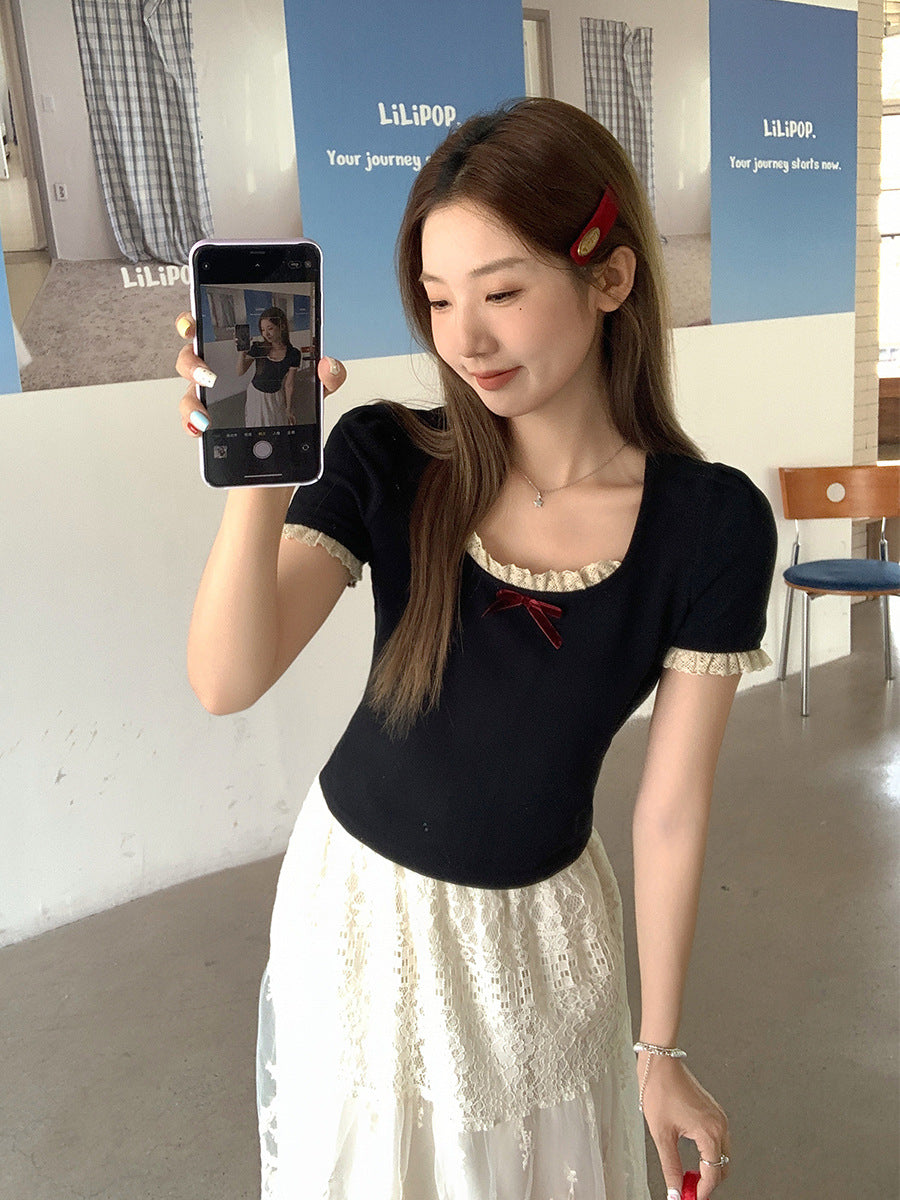 Korean Bow Tie Lace Splicing Slim T-Shirt Women Summer