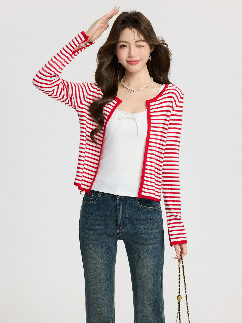 Striped Contrast Knit Cardigan Coat Women Retro Slim