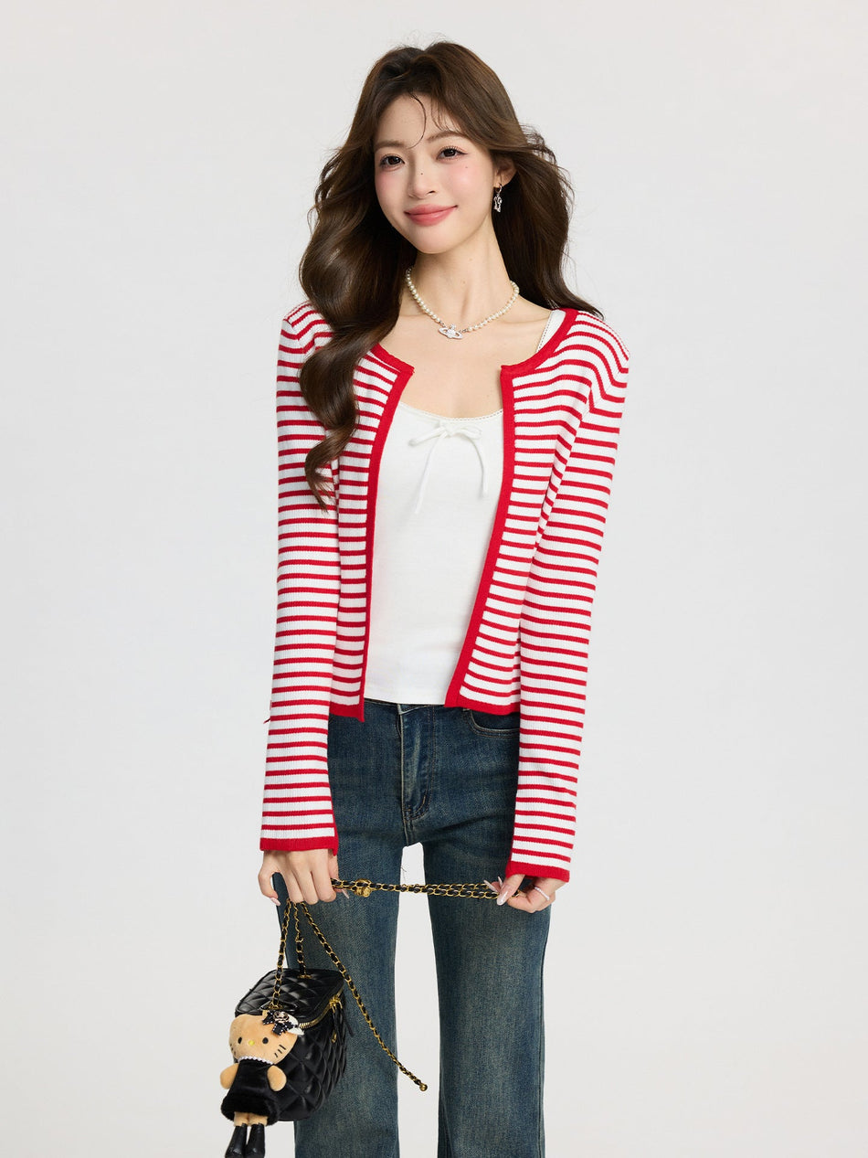 Striped Contrast Knit Cardigan Coat Women Retro Slim