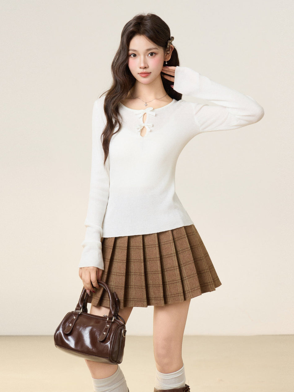 White Bow Round Neck Knit Top Women Slim Inner Wear