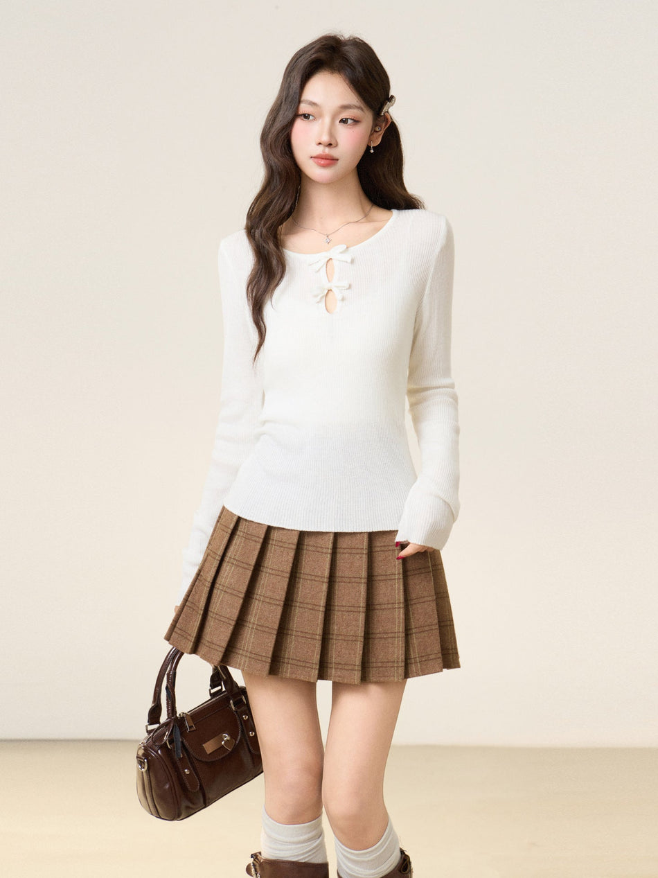 White Bow Round Neck Knit Top Women Slim Inner Wear