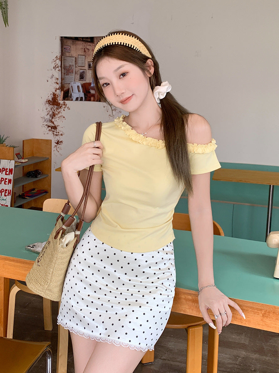 Cream Yellow Off Shoulder Ruffle Pleated T-Shirt Women