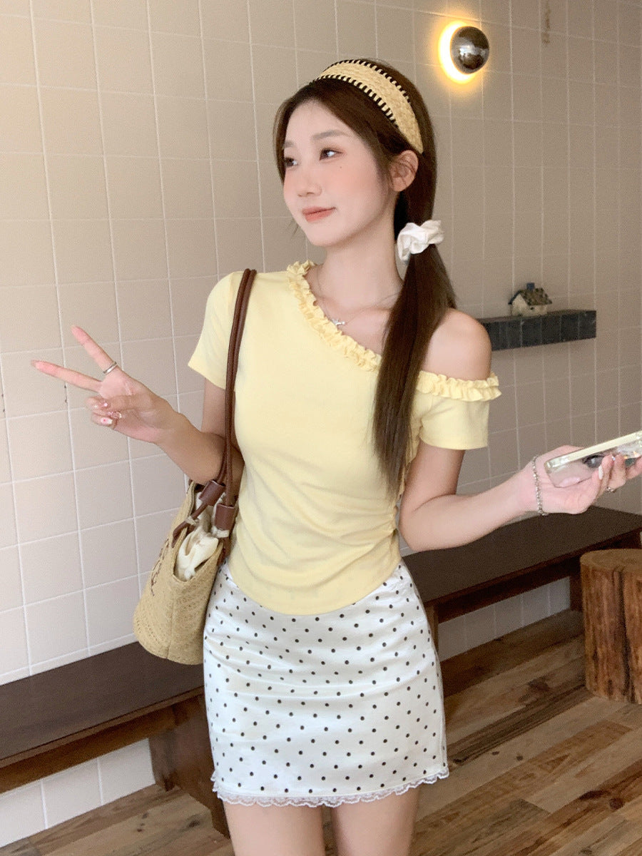 Cream Yellow Off Shoulder Ruffle Pleated T-Shirt Women