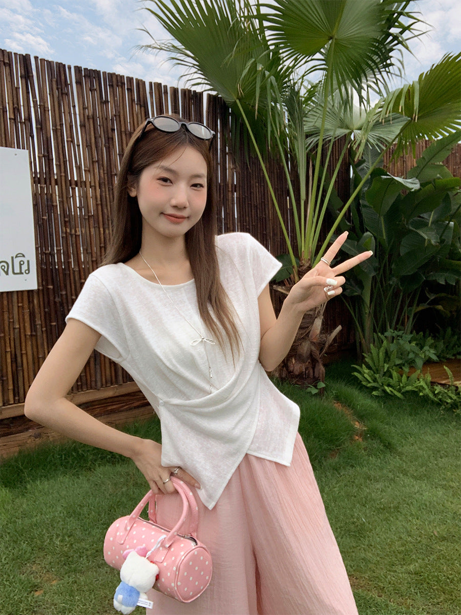Korean Button Round Neck Slim T-Shirt Women Summer