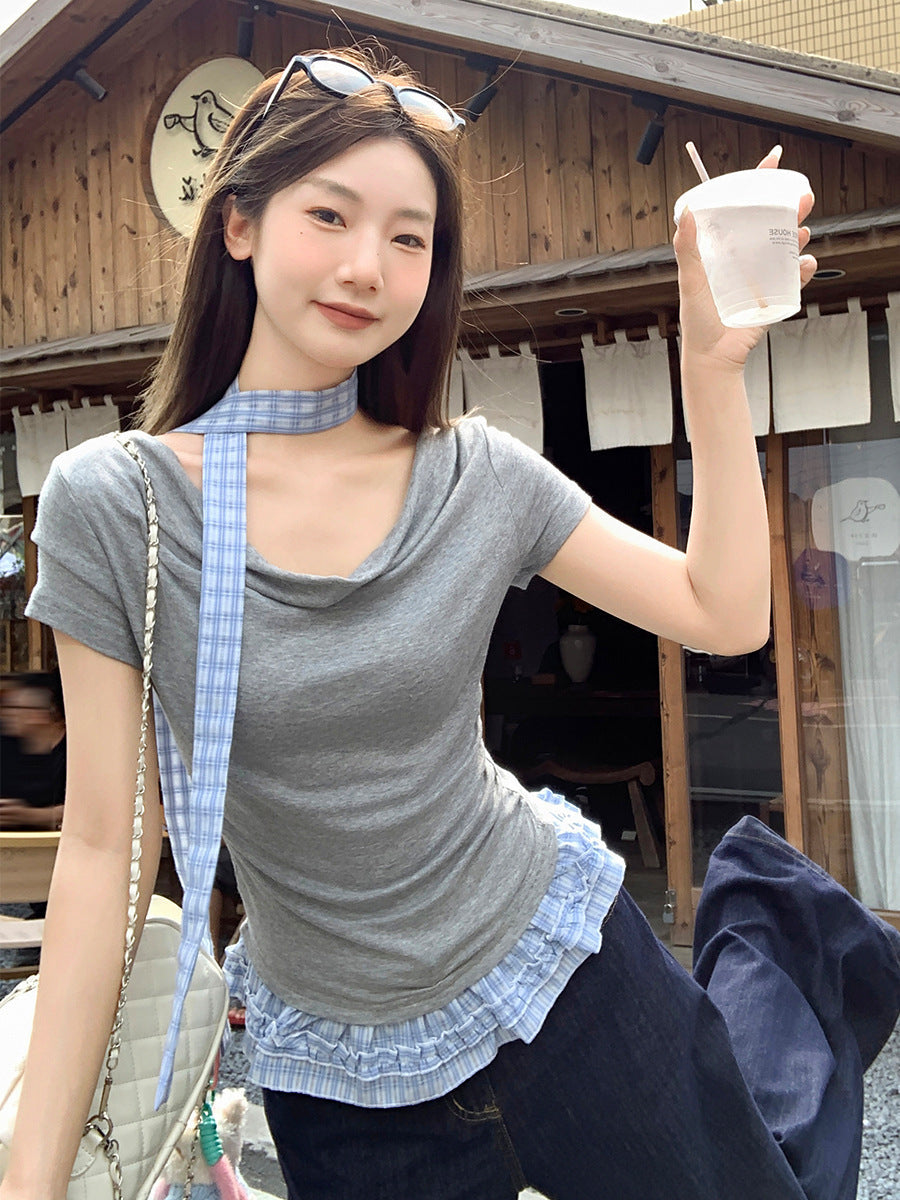 Plaid Hem Swing Collar Slim T-Shirt Women Summer
