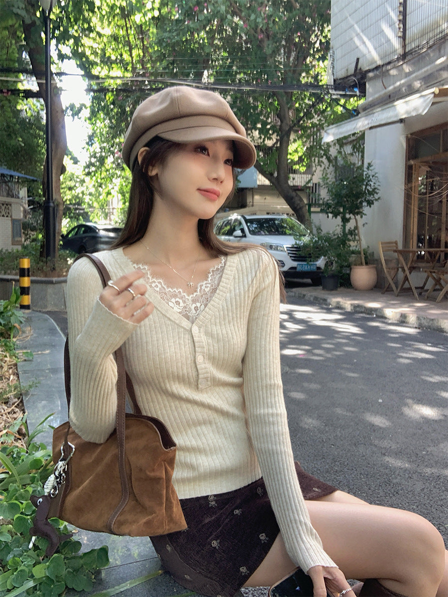 Lace Trim V Neck Button Knit Slim Top Women Spring Autumn