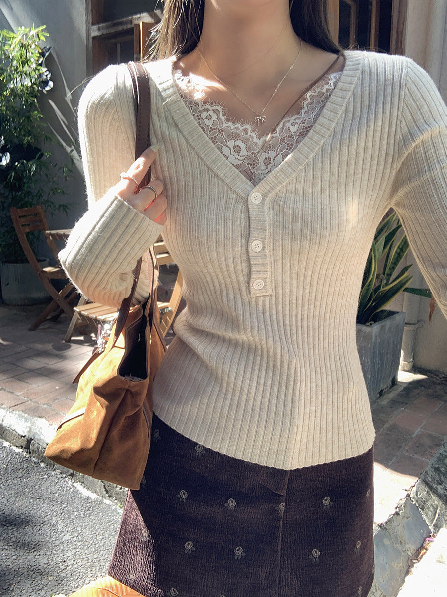 Lace Trim V Neck Button Knit Slim Top Women Spring Autumn