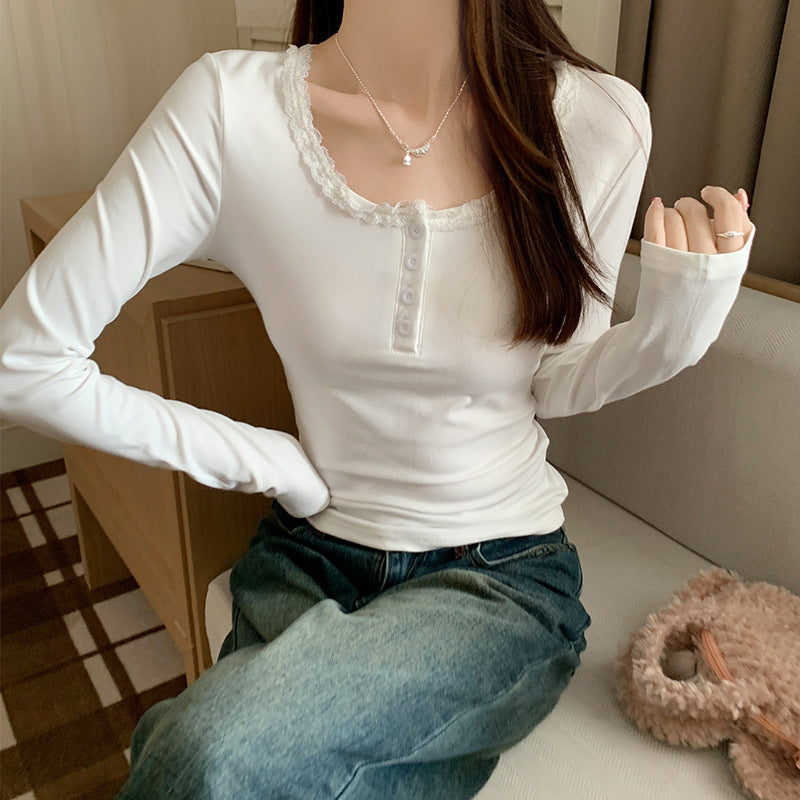 U Neck Lace Stitching Long Sleeve Slim Top Women