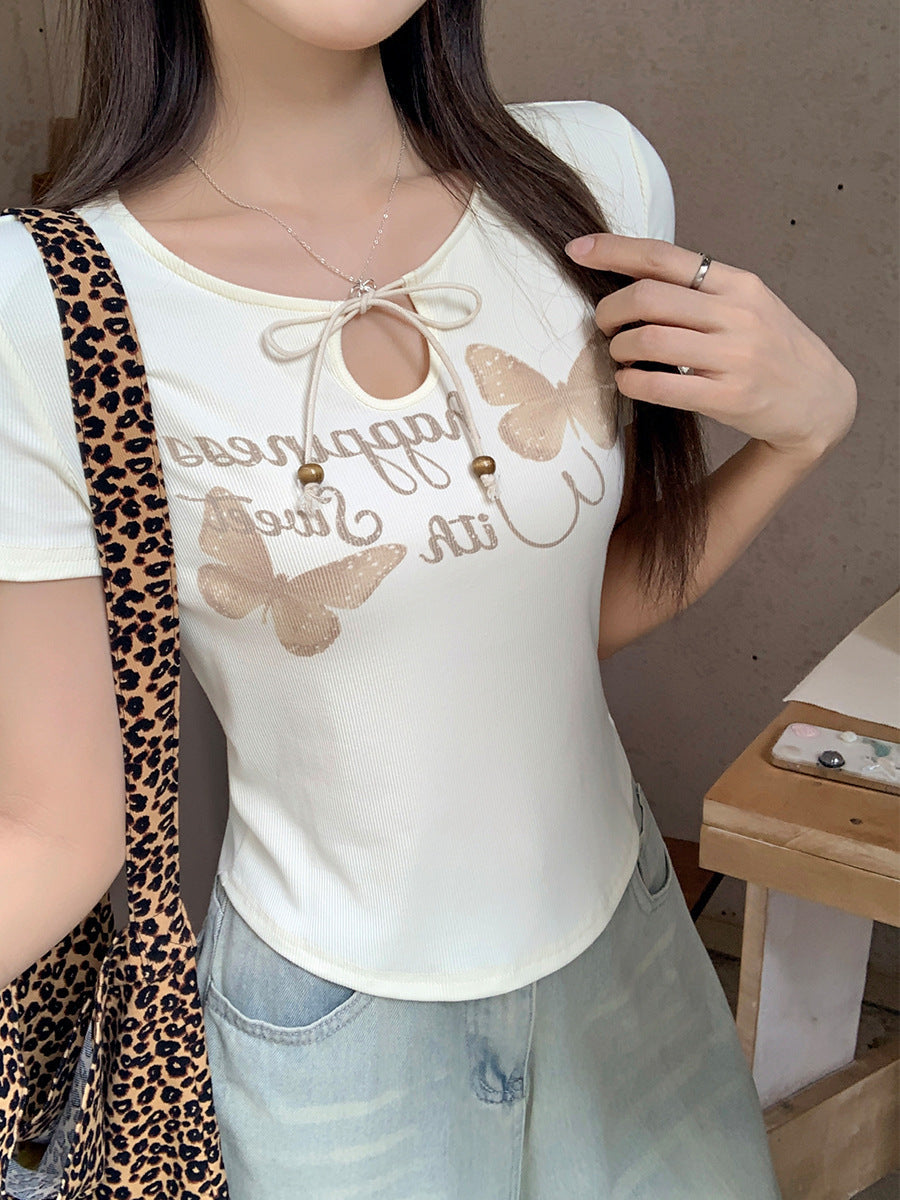 Apricot Bow Print Lace-Up T-Shirt Women Summer