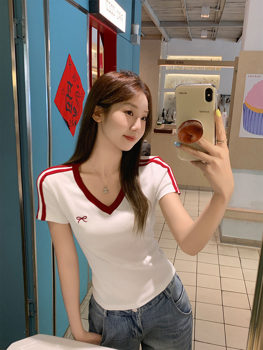 Butterfly Embroidered V Neck Slim T-Shirt Women Summer