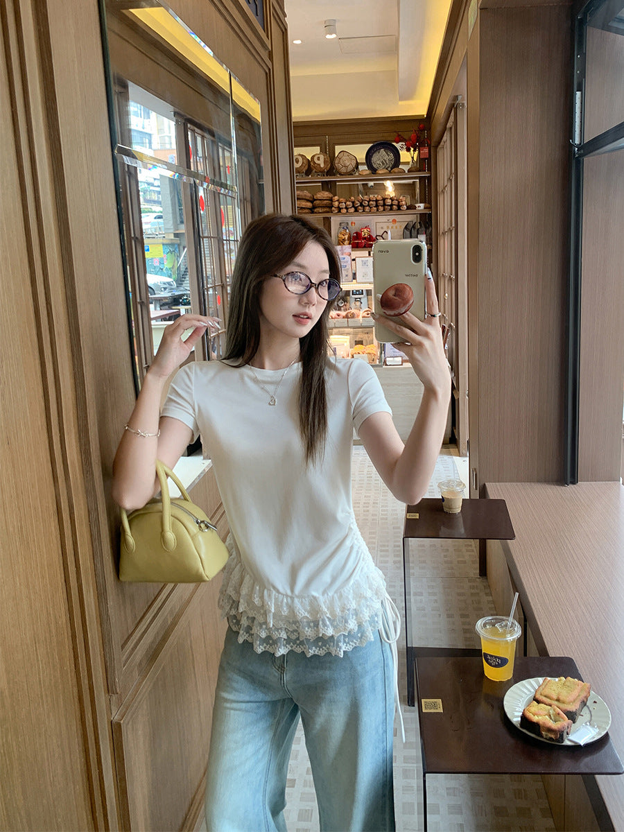 Lace Trim Round Neck Ruched T-Shirt Women Summer 2026