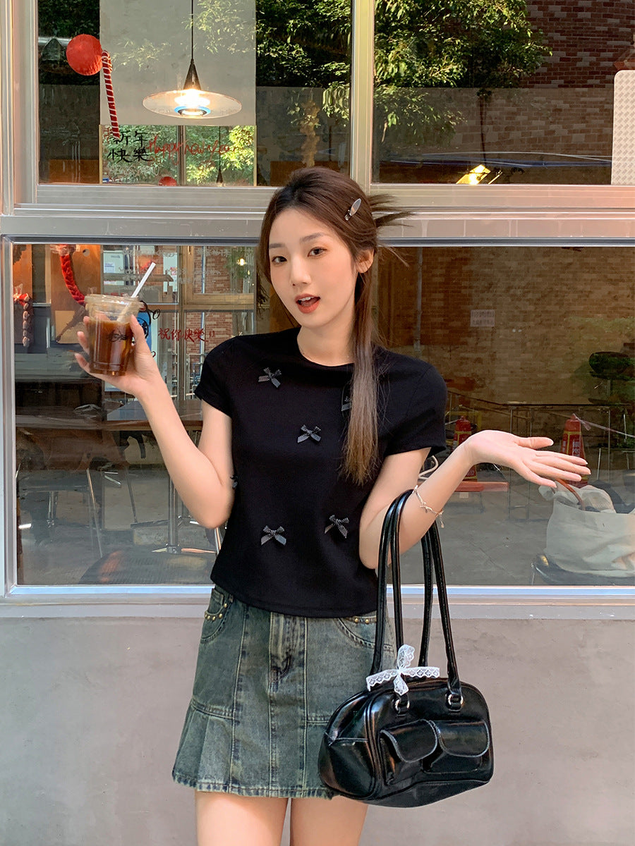 Korean Bowknot Round Neck Slim T-Shirt Women Summer