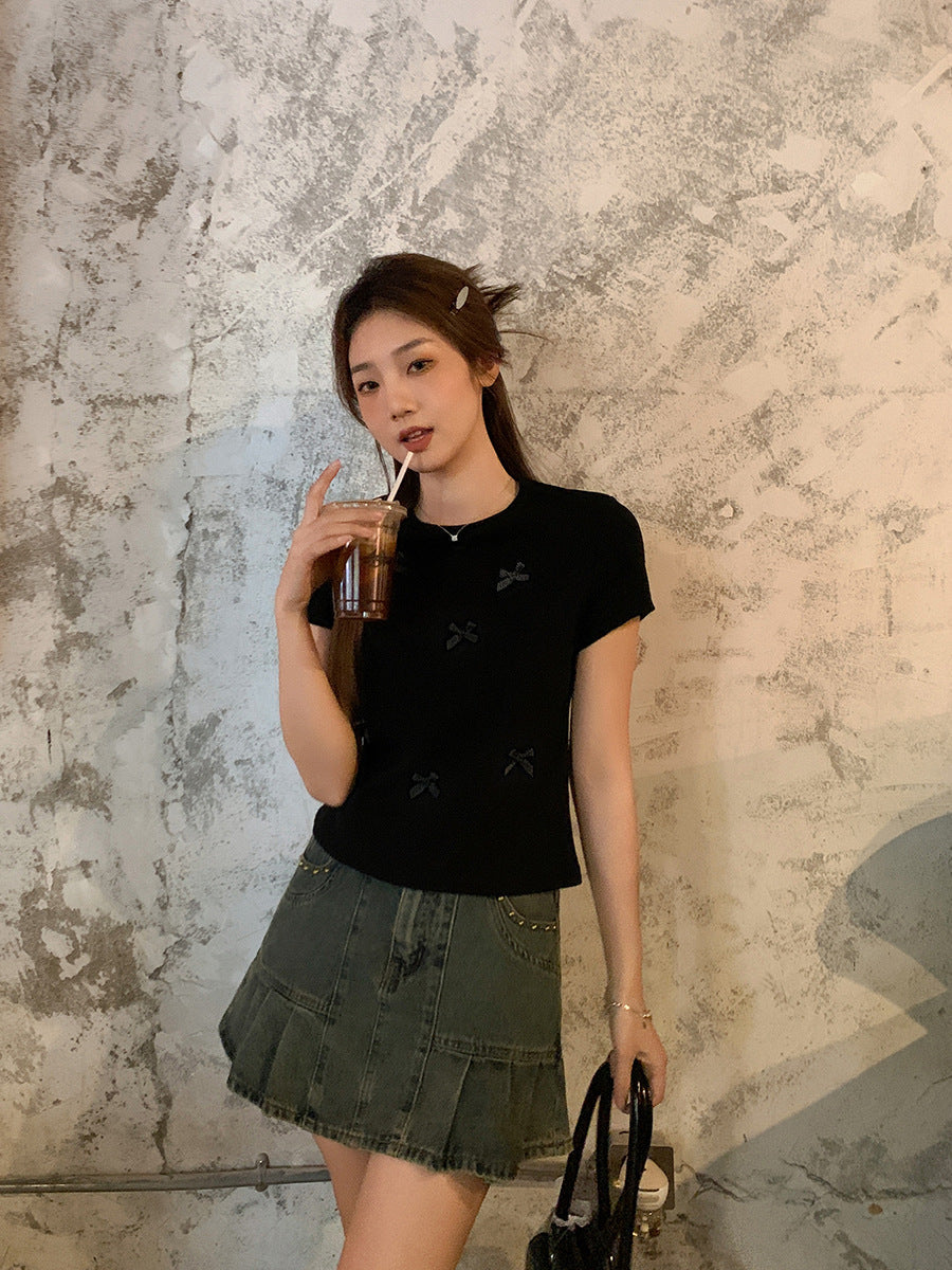 Korean Bowknot Round Neck Slim T-Shirt Women Summer