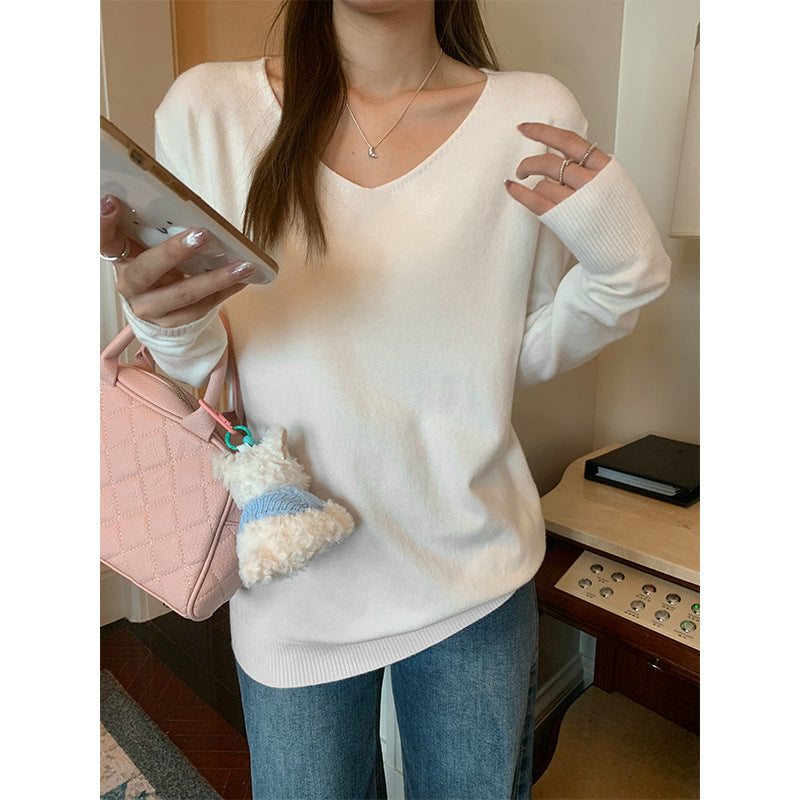 Apricot V Neck Thick Knit Sweater Women Winter Top