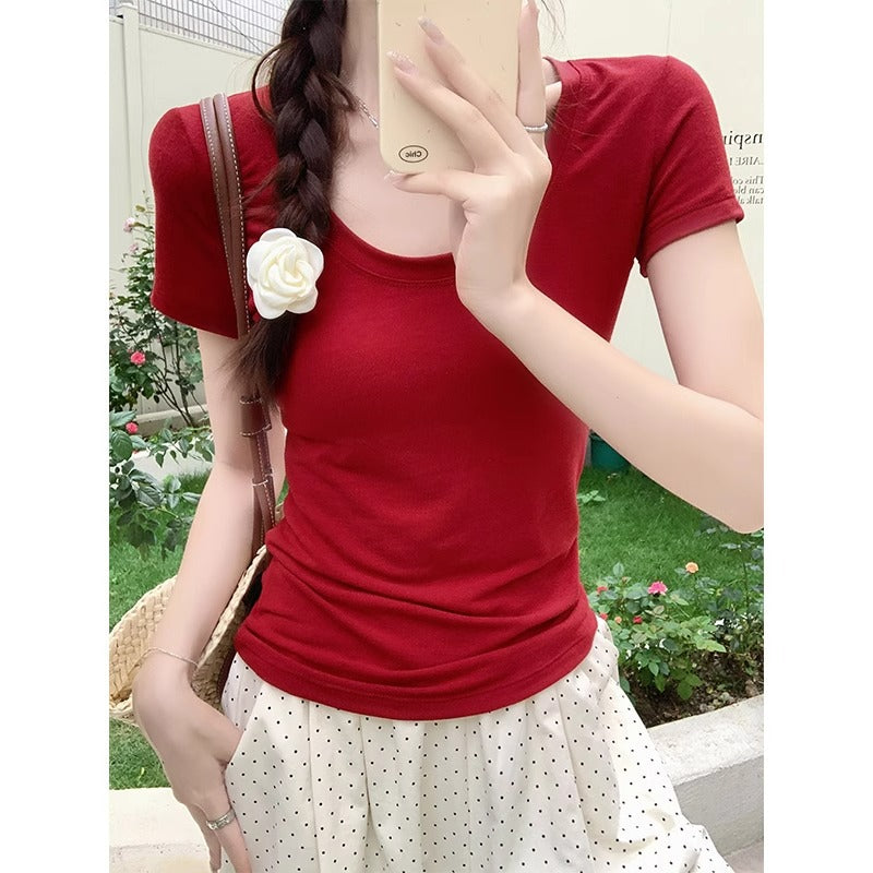 Red Low Collar Slim T-Shirt Women Summer Elegant Top