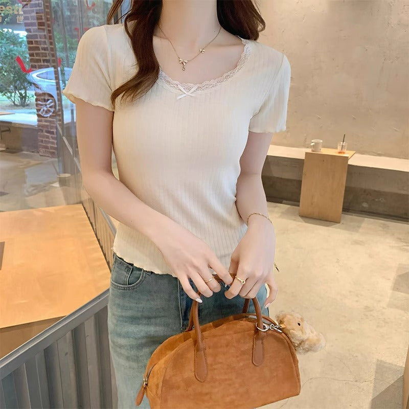 U Neck Lace Sweet Short Sleeve Slim T-Shirt Women Summer