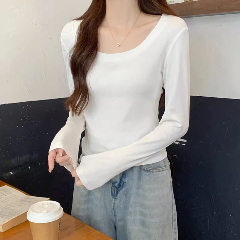 White Shoulder Long Sleeve Crop T-Shirt Women Autumn