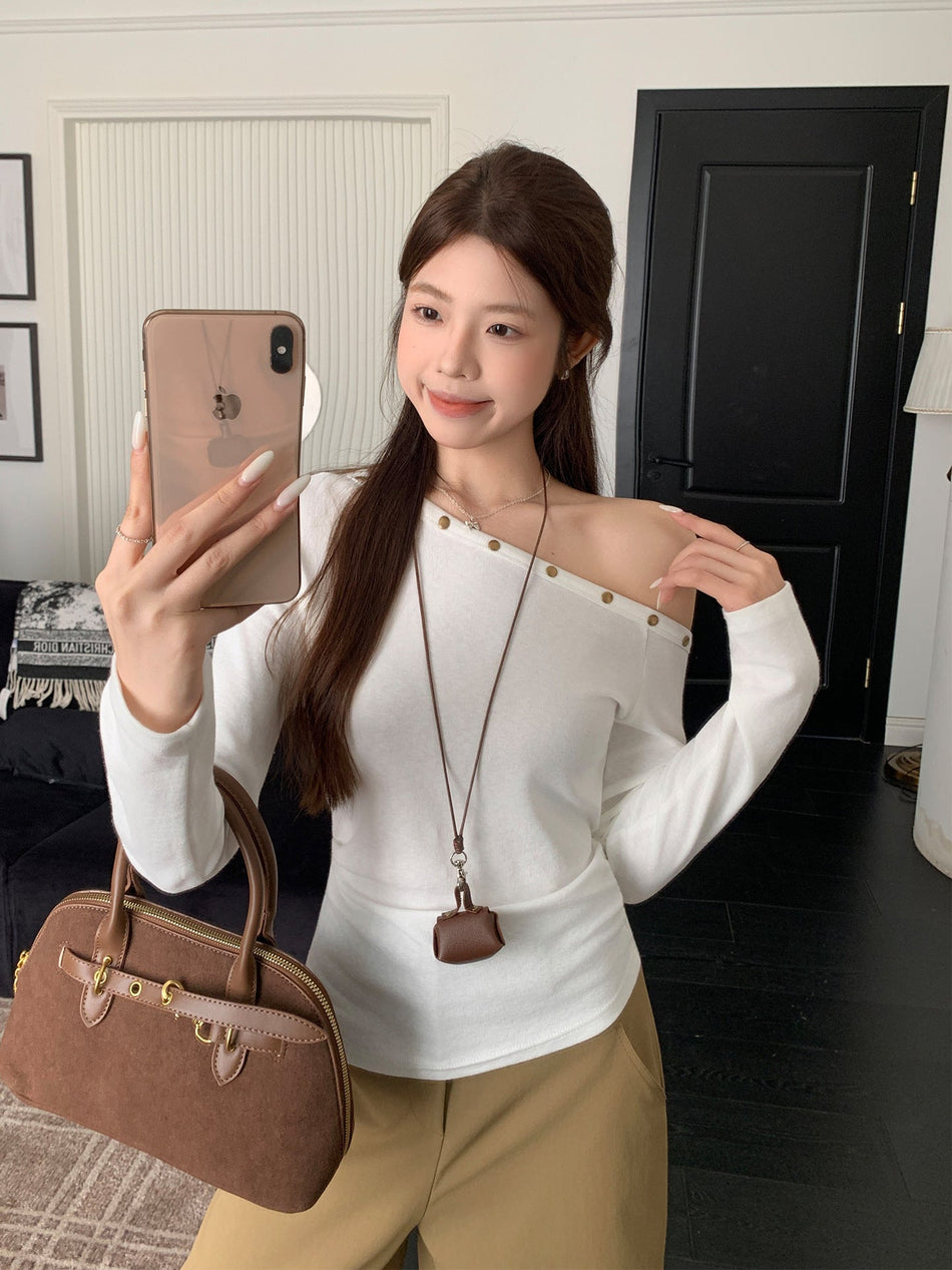 One-Shoulder Off-Shoulder Long Sleeve Top with High-Waisted Pants