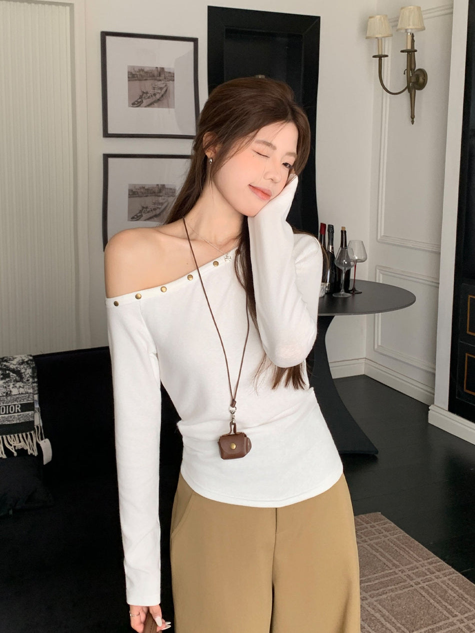 One-Shoulder Off-Shoulder Long Sleeve Top with High-Waisted Pants