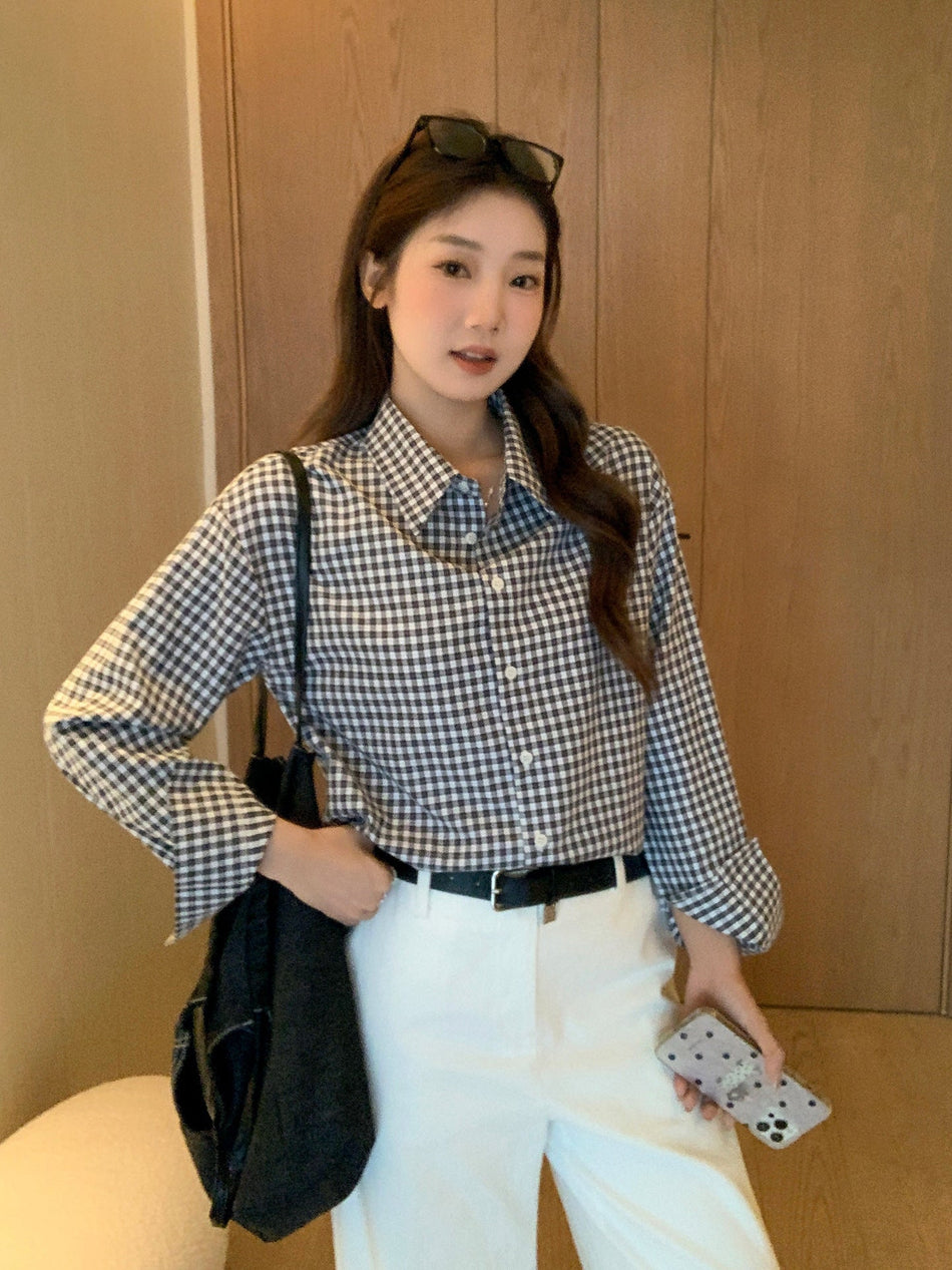 Black White Checkered Polo Collar Embroidered Long Sleeve Shirt