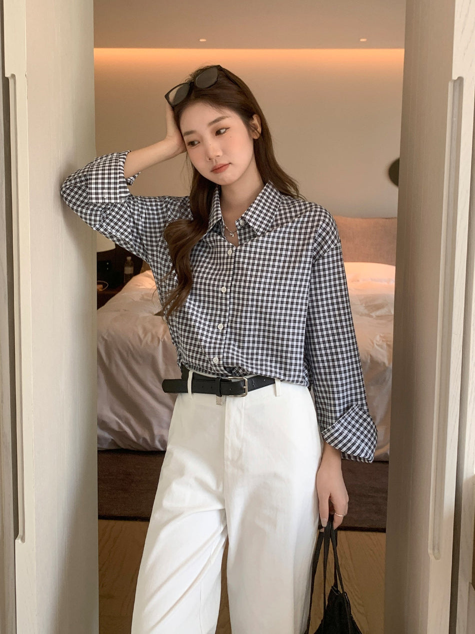 Black White Checkered Polo Collar Embroidered Long Sleeve Shirt