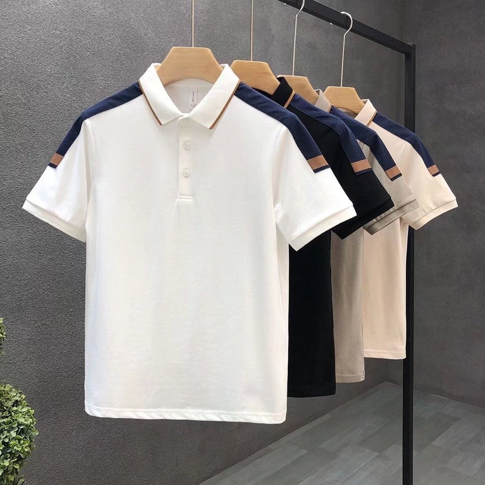 Men’s Retro Lapel Polo T-Shirt Stitching Half Sleeve