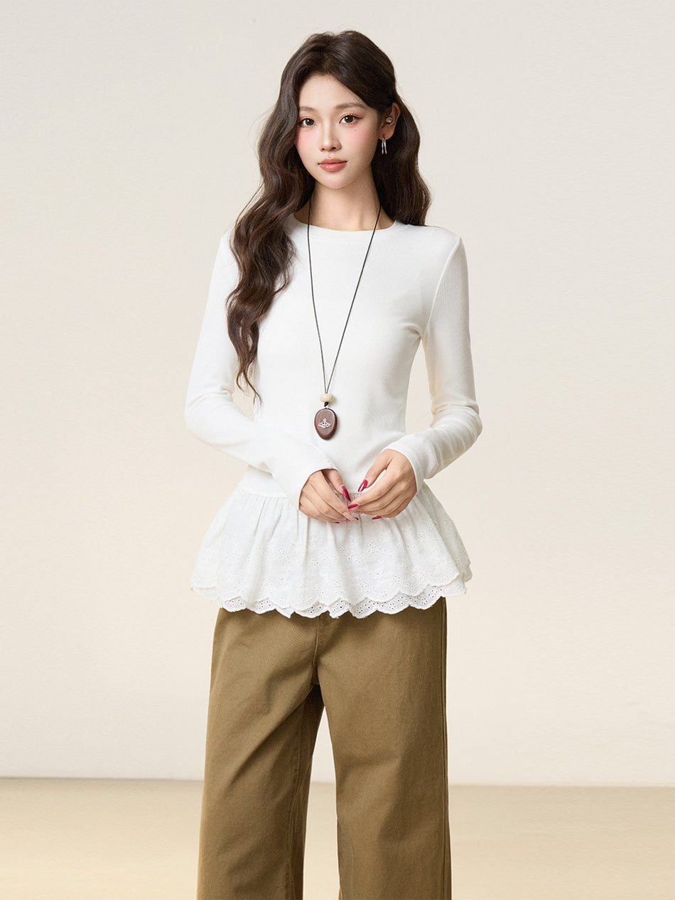 White Lace Hem Women Long Sleeve Winter Undershirt Top