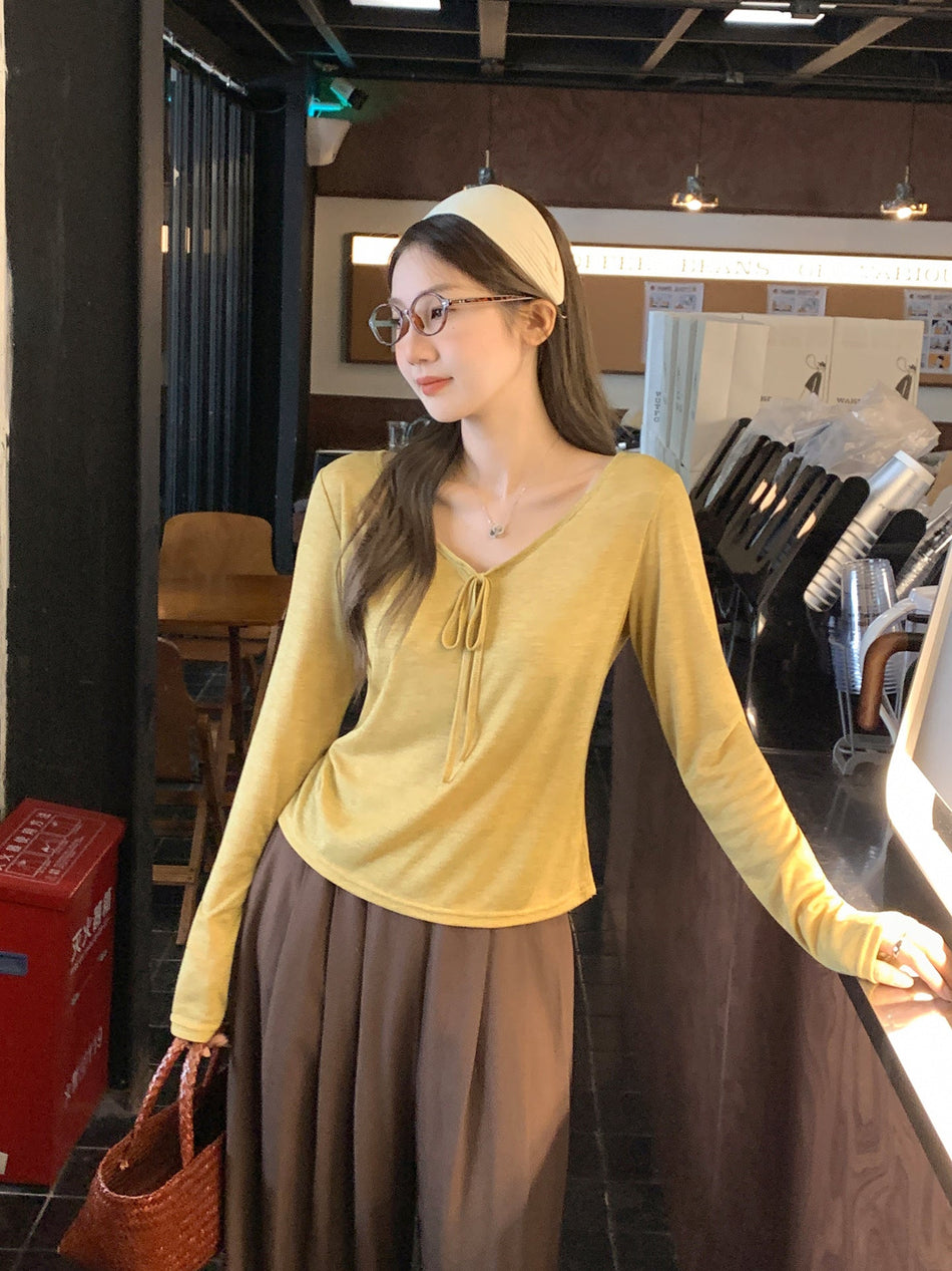 Korean Style V-Neck Women Sheer Long Sleeve Top 2026