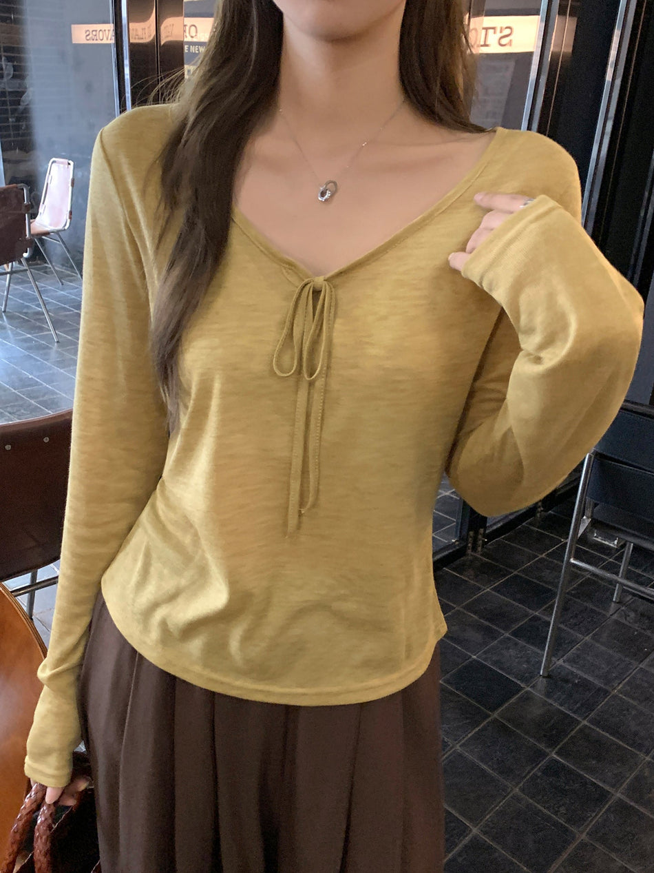 Korean Style V-Neck Women Sheer Long Sleeve Top 2026