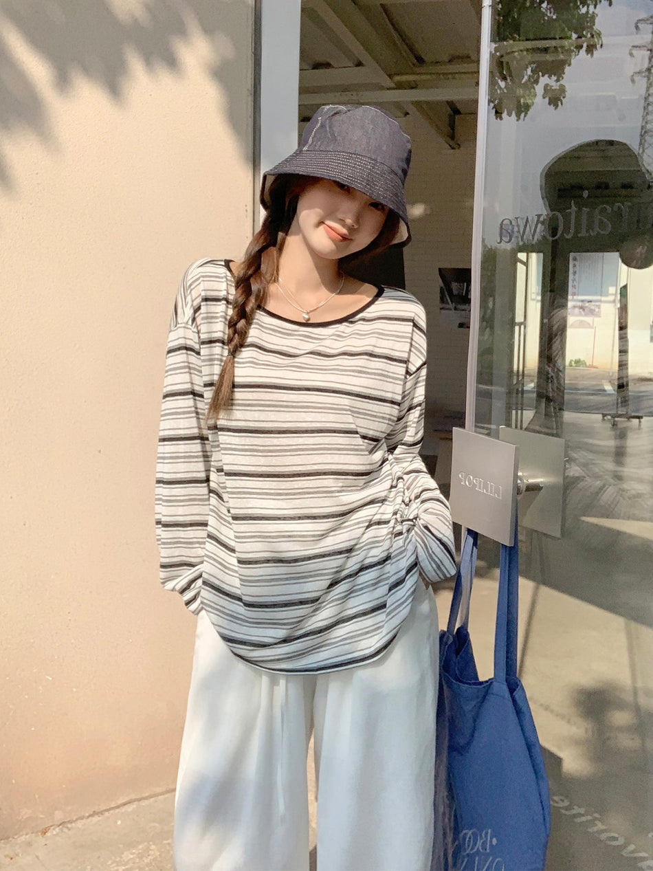 Black Apricot Striped Women Tie Blouse Long Sleeve Top