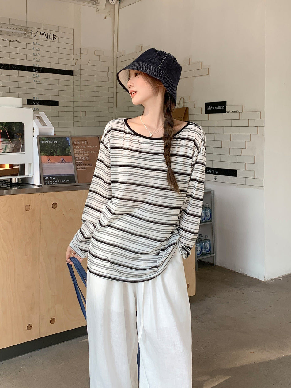 Black Apricot Striped Women Tie Blouse Long Sleeve Top