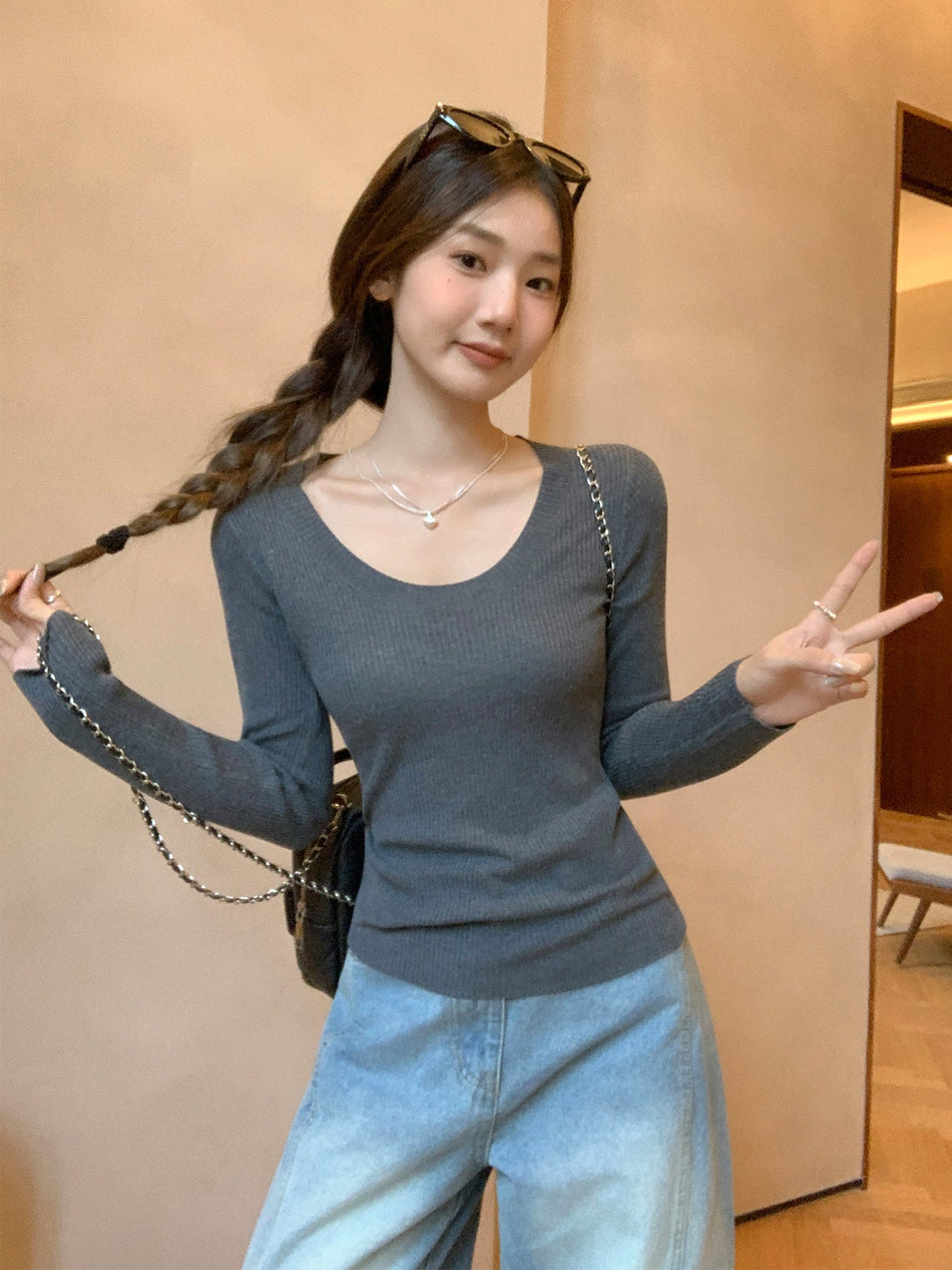 Dark Gray Knit Women Slim Fit Sweater 2026 Autumn Top