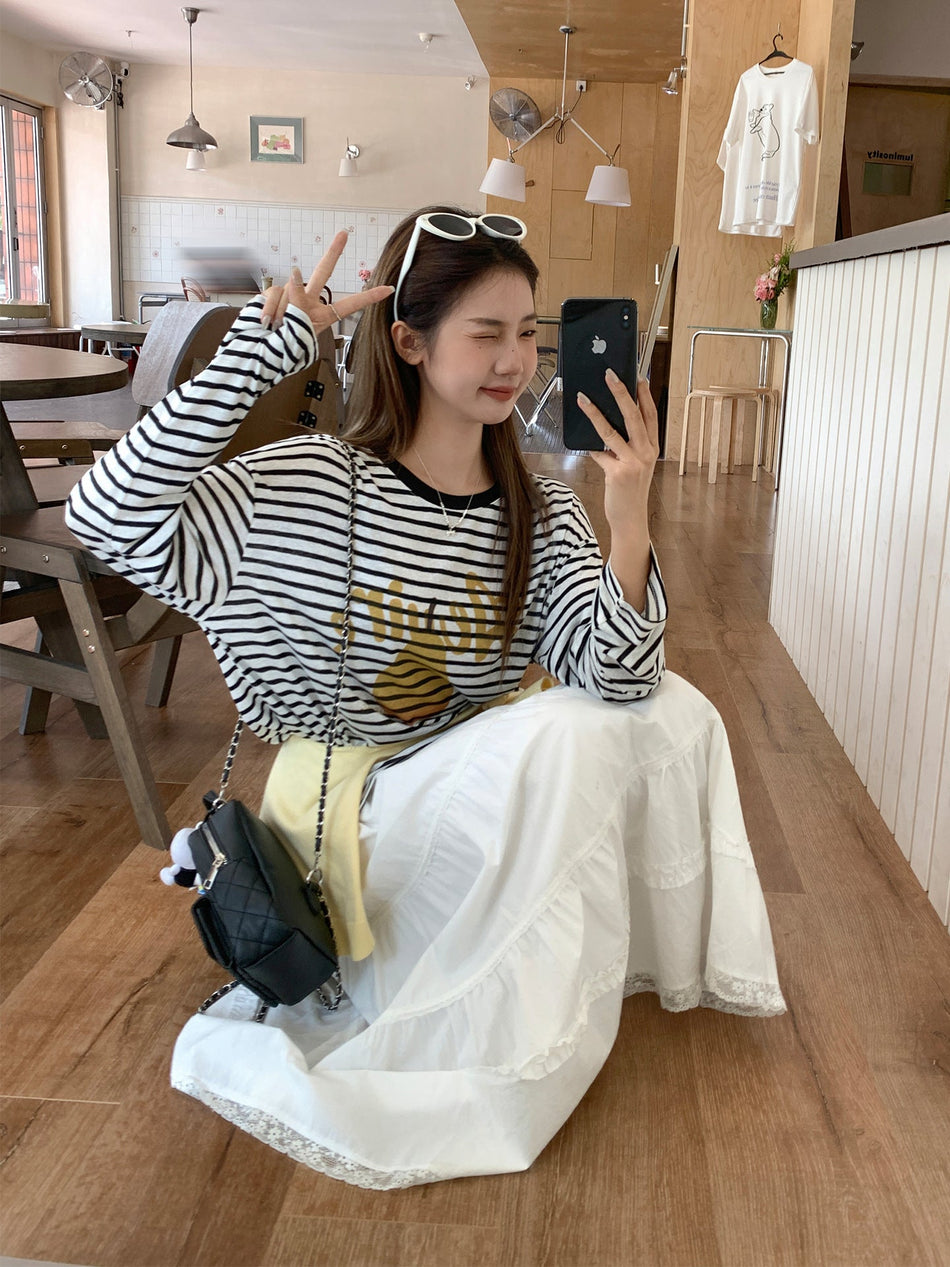 Black White Stripe Women Long Sleeve Printed T-Shirt