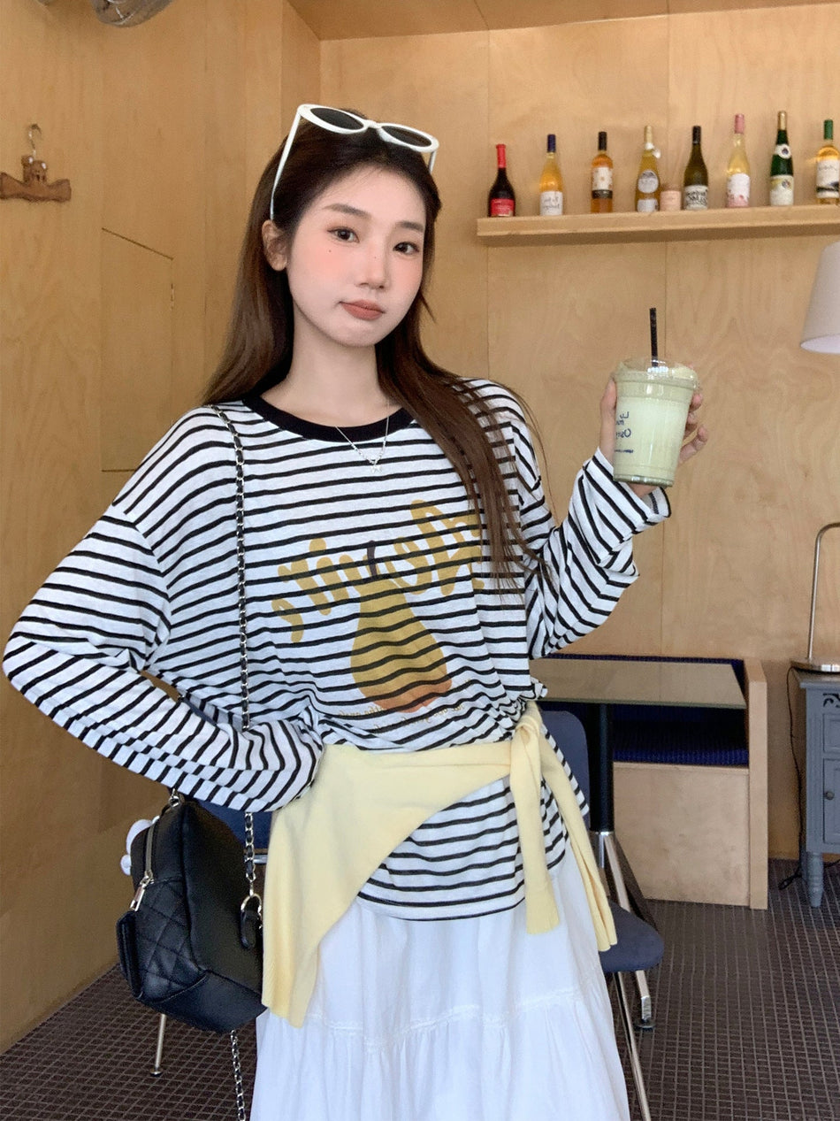 Black White Stripe Women Long Sleeve Printed T-Shirt