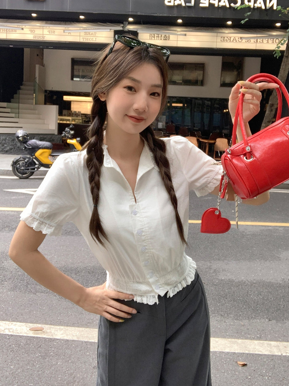 White Lace Puff Sleeve Women Summer Slim Cardigan Top
