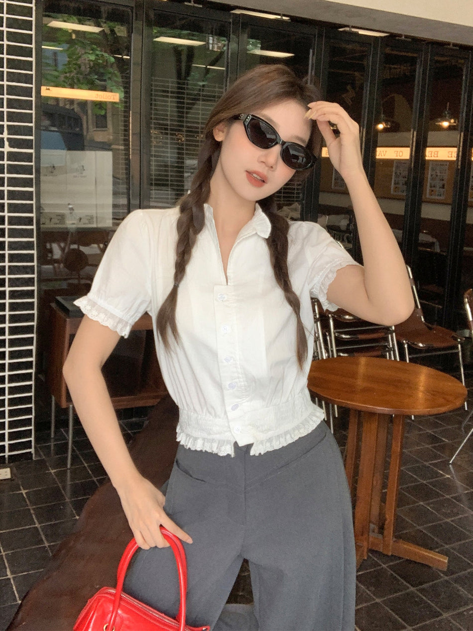 White Lace Puff Sleeve Women Summer Slim Cardigan Top