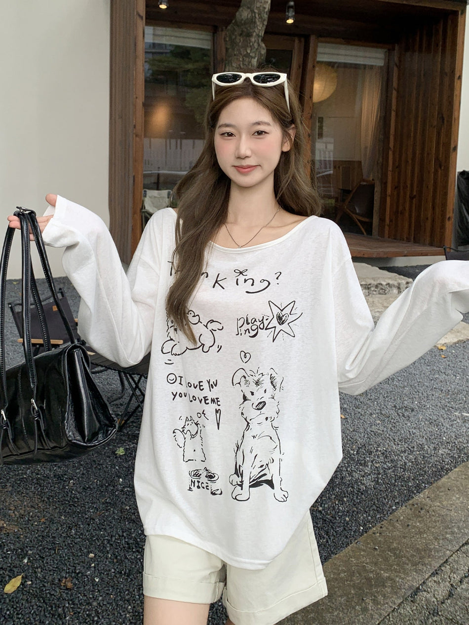 Korean Letter Print Sun Protection Women Off Shoulder Top