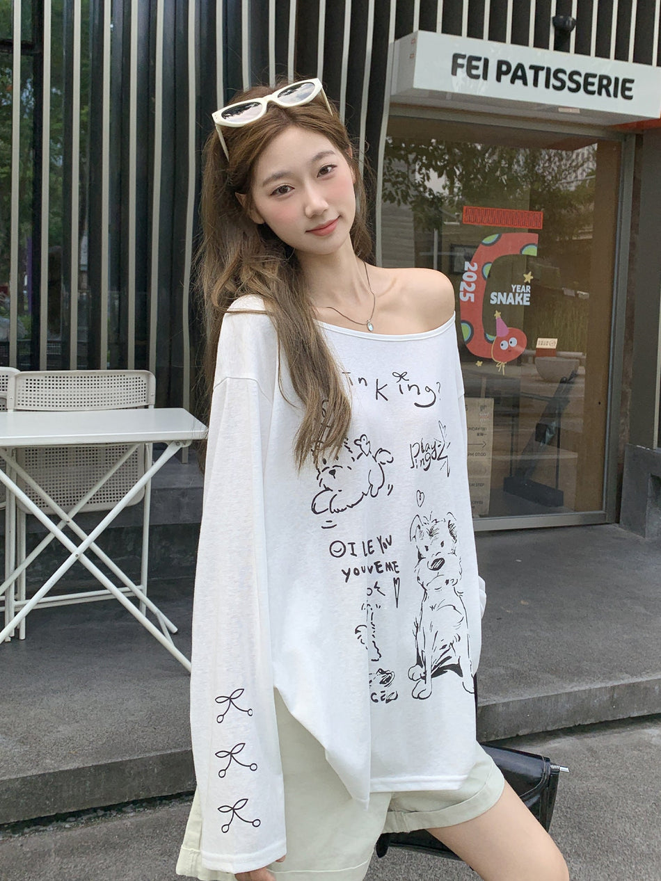 Korean Letter Print Sun Protection Women Off Shoulder Top