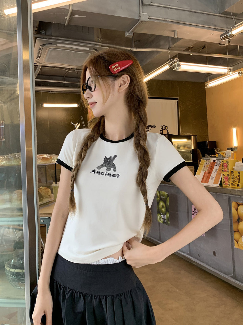 Korean Cat Embroidery Women Summer Slim T-Shirt