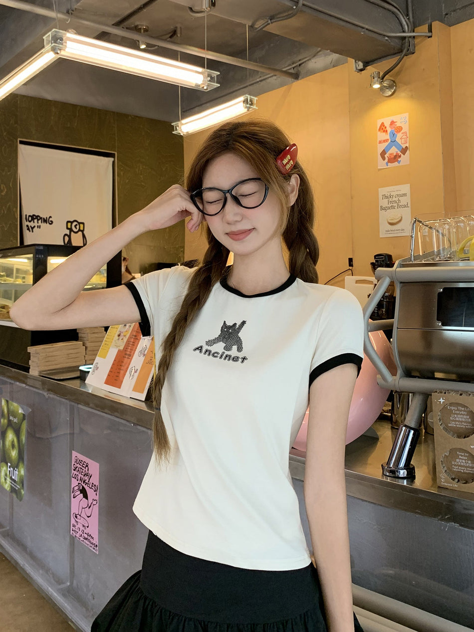 Korean Cat Embroidery Women Summer Slim T-Shirt