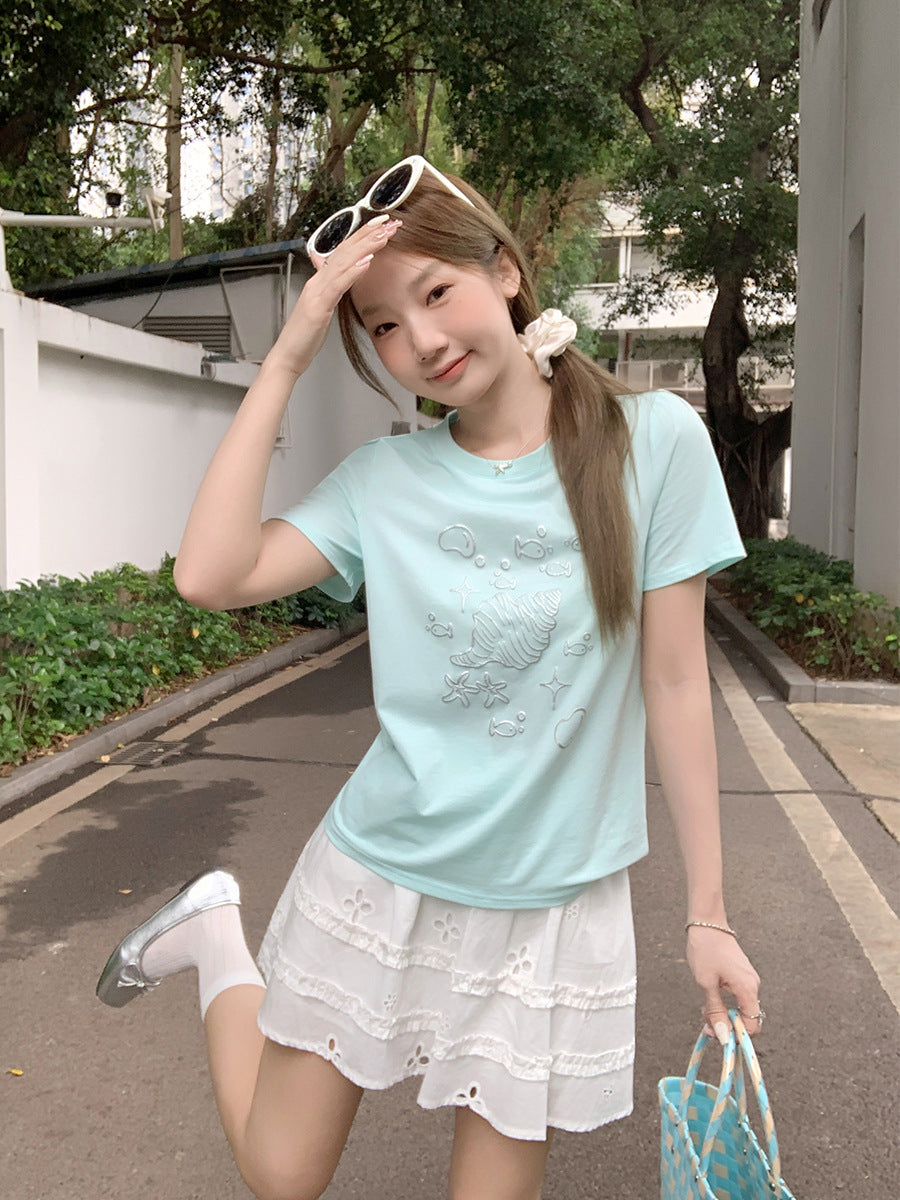 Shell Print Women Summer Cute Round Neck T-Shirt