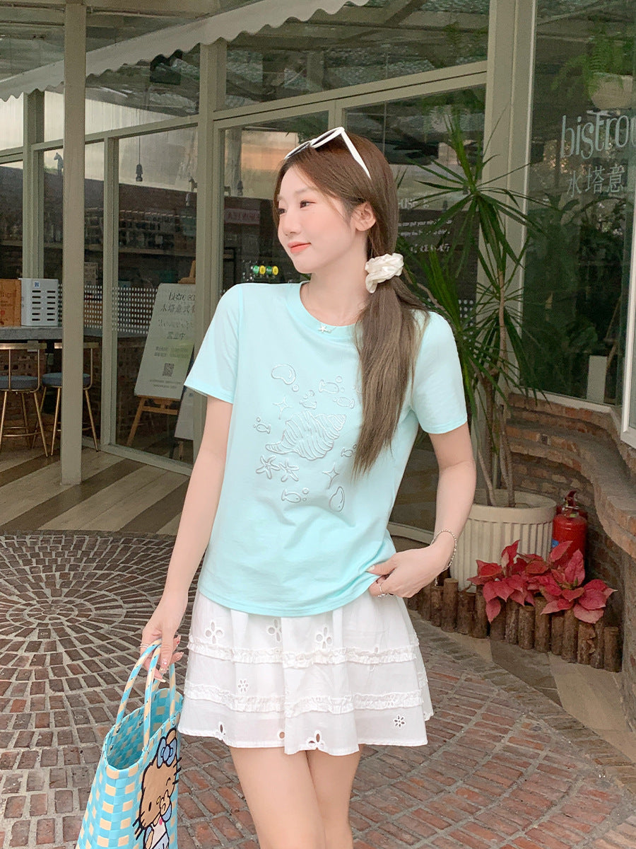 Shell Print Women Summer Cute Round Neck T-Shirt